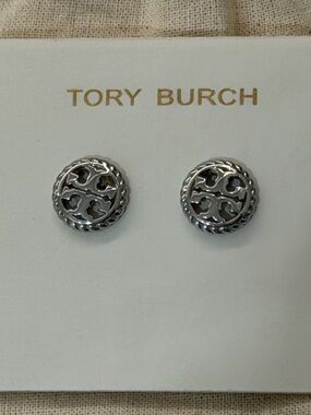 Tory Burch Silver Rope Logo Stud Earrings style 136618 Authentic